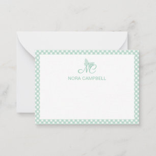 Personalized Gingham Mint Green Butterfly Monogram Card