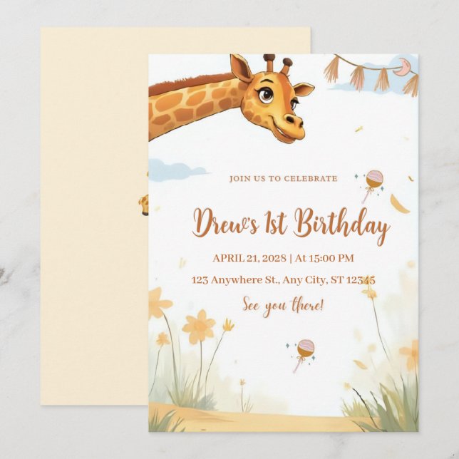 Personalized Giraffe Safari Birthday Invitation (Front/Back)