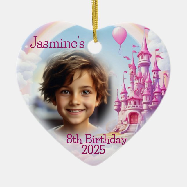 Personalized Girl 8th Birthday Photo Heart Gift Ceramic Ornament (Front)