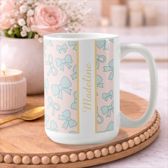 Personalized Girl Cute Bow Name Blue Pink Coffee Mug (Creator Uploaded)