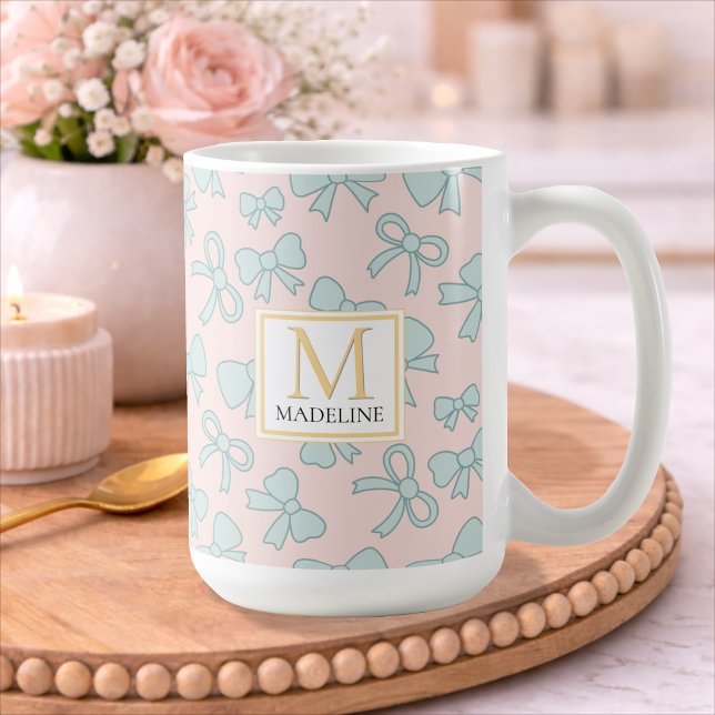 Personalized Girl Cute Bow Name Blue Pink Coffee Mug (Creator Uploaded)