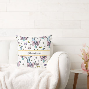 Personalized Girl Cute Bow Name Moons White Cushion