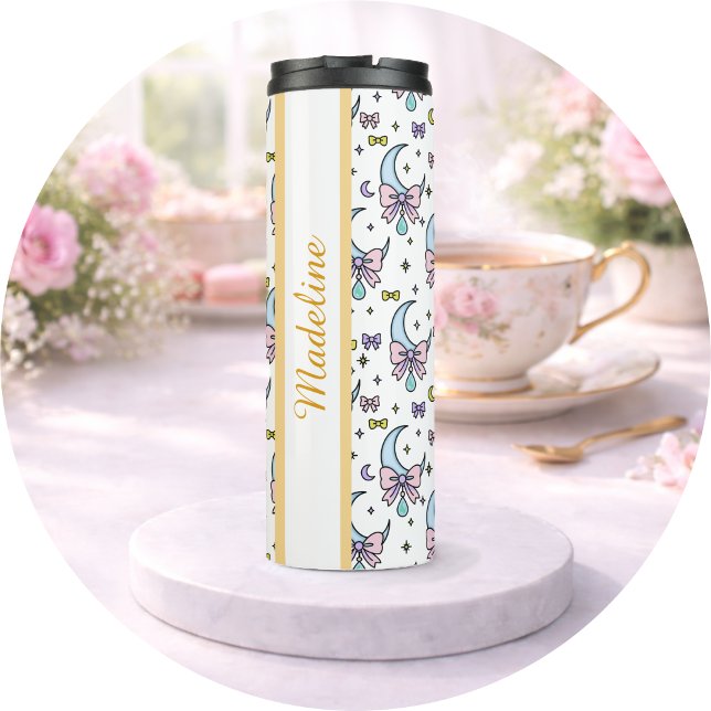 Personalized Girl Cute Bow Name Moons White Thermal Tumbler (Creator Uploaded)