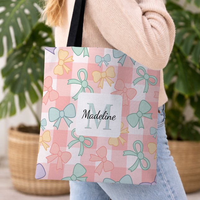 Personalized Girl Cute Bow Name Pastel Pink Tote Bag (Creator Uploaded)