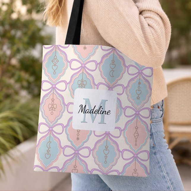 Personalized Girl Pastel Cute Bow Name Blue Pink Tote Bag (Creator Uploaded)