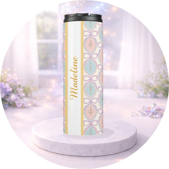 Personalized Girl Pink Pastel Blue Cute Bow Name Thermal Tumbler (Creator Uploaded)