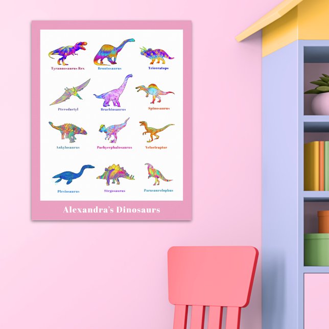 Personalized Girls Name Cute Dinosaurs pink Poster (Dinosaurs with names pink custom poster for girls)