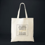 Personalized Girls Weekend Trip Minimal Design Tote Bag<br><div class="desc">Personalized Girls Weekend Trip Custom Tote Bag with a minimal boxed text design with editable wording with a date, destination or location, name, and fun quote like "besties, buds, and beverages" so you can create your own fun and useful keepsake for your bestie travel squad, or bridesmaids, or travel friends...</div>