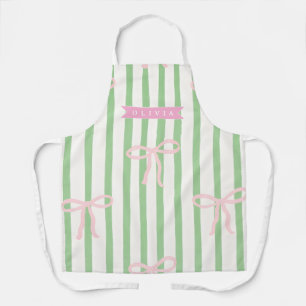 Personalized Girly Coquette Green Stripe Bow Apron