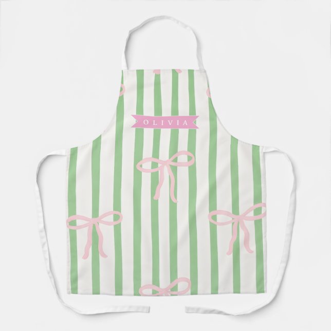 Personalized Girly Coquette Green Stripe Bow Apron (Front)