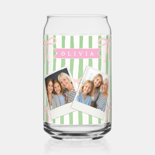 Personalized Girly Coquette Green Stripe Bow Can Glass