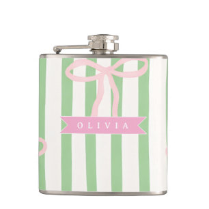 Personalized Girly Coquette Green Stripe Bow Hip Flask