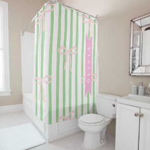 Personalized Girly Coquette Green Stripe Bow Shower Curtain