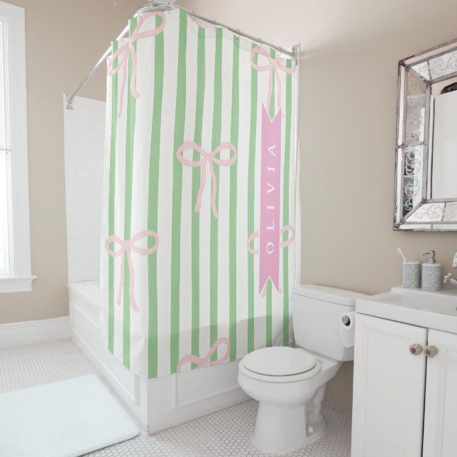 Personalized Girly Coquette Green Stripe Bow Shower Curtain (In Situ)