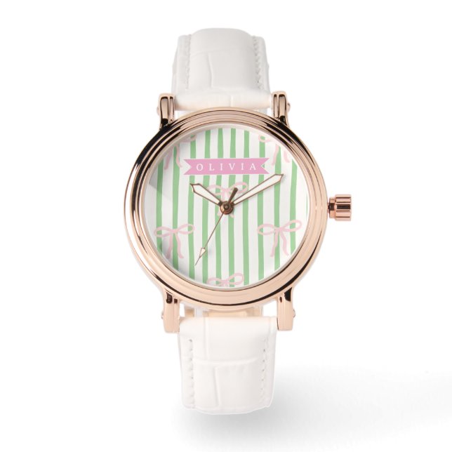 Personalized Girly Coquette Green Stripe Bow Watch (Front)