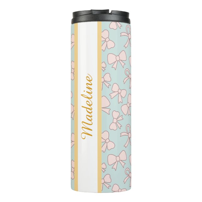 Personalized Girly Cute Bow Name Blue Pink Thermal Tumbler (Back)