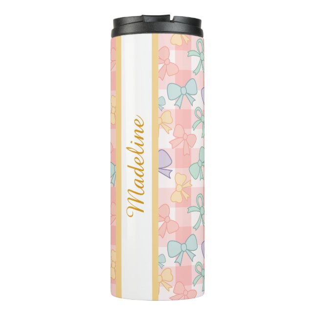 Personalized Girly Cute Bow Name Gingham Thermal Tumbler (Back)