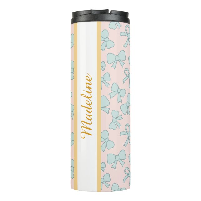 Personalized Girly Cute Bow Name Pink Blue Thermal Tumbler (Back)