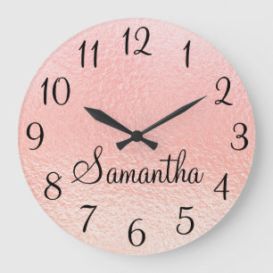 Personalized Girly Faux Pearly Peach Pink Foil Large Clock