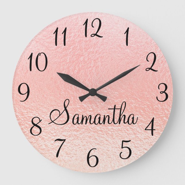Personalized Girly Faux Pearly Peach Pink Foil Large Clock (Front)