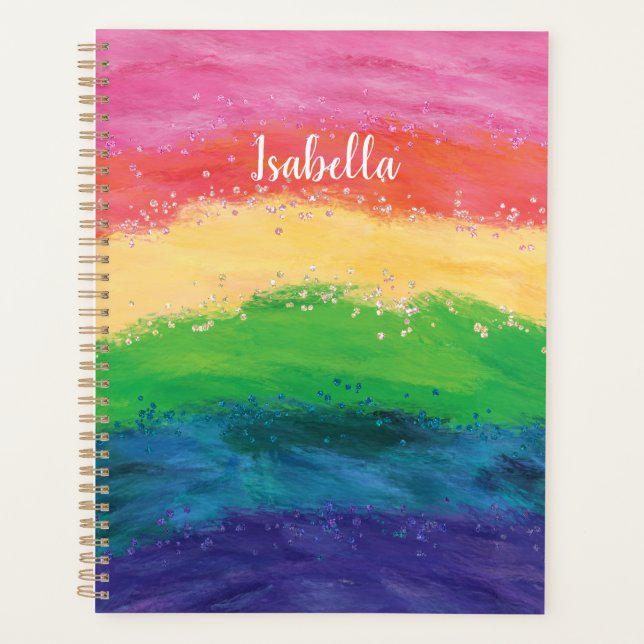 Personalized Girly Glitter Rainbow  Notebook Planner (Front)
