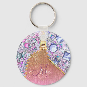 Personalized Girly Gold Glitter Monogrammed Rose Key Ring