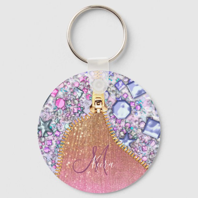 Personalized Girly Gold Glitter Monogrammed Rose Key Ring (Front)