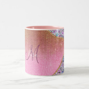 Personalized Girly Gold Glitter Monogrammed Rose Two-Tone Coffee Mug