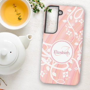 Personalized Girly Monogram Name Pink White Floral Samsung Galaxy Case