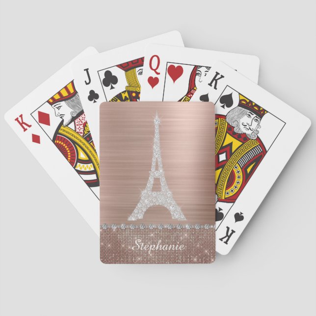 Personalized Girly Rose Gold Diamond Sparkle Paris Playing Cards (Back)