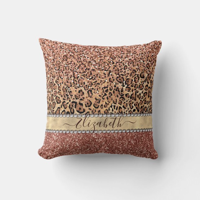 Personalized Girly Rose Gold Glitter Leopard  Name Cushion (Front)