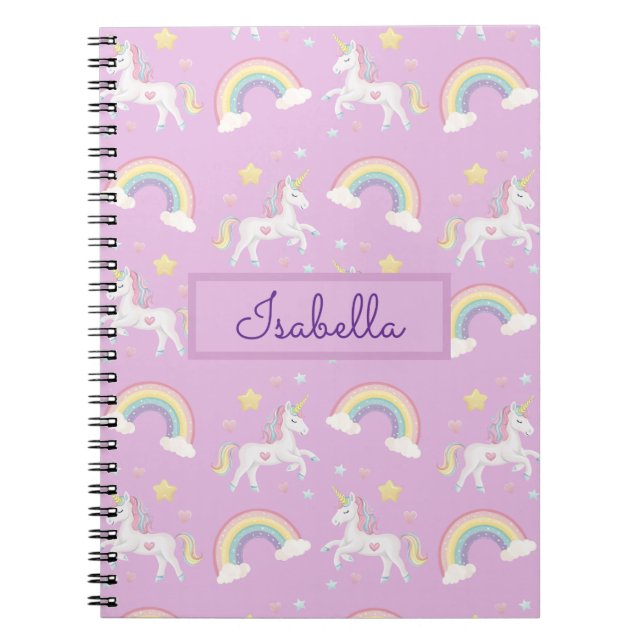 Personalized Girly Whimsical Unicorn Rainbow Notebook (Front)
