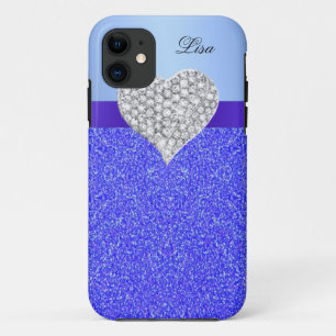 Personalized Glamour Heart Blue Glitter iPhone 11 Case