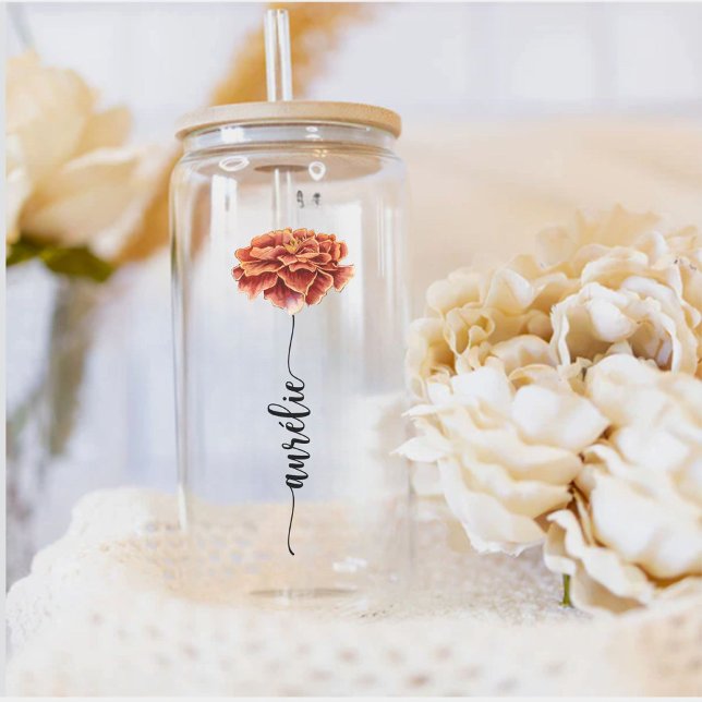 Personalized Glass Flower Birth OEillet First Name (Birth flower can glass sipper glass tumbler
)