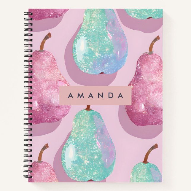 Personalized Glitter Pink and Aqua Pears Notebook (Front)