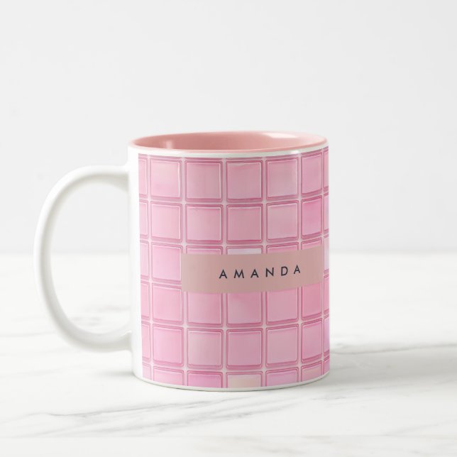 Personalized Glossy Pink Mosaic Tile Pattern Two-Tone Coffee Mug (Left)