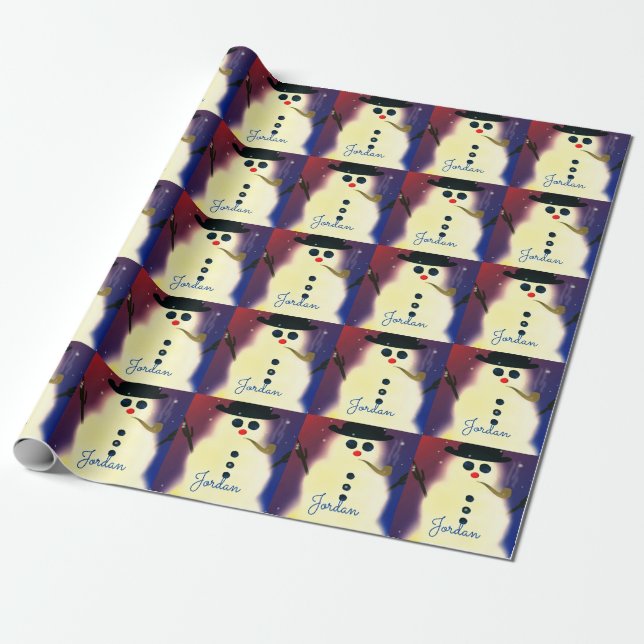 Personalized Glowing Snowman Christmas Wrapping Paper (Unrolled)