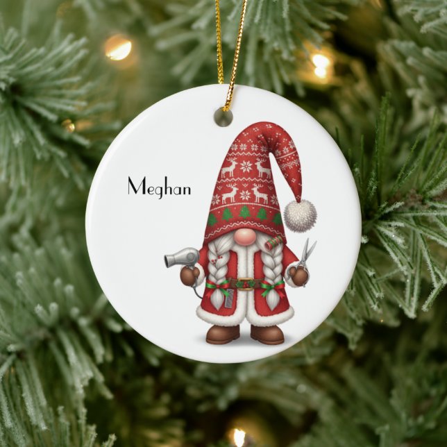 Personalized Gnome Xmas Hair Stylist Ceramic Ornament (Tree)