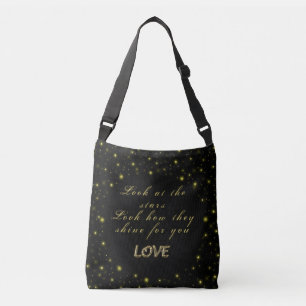 Personalized Gold and sparkles stars on black Crossbody Bag