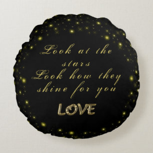 Personalized Gold and sparkles stars on black Round Cushion