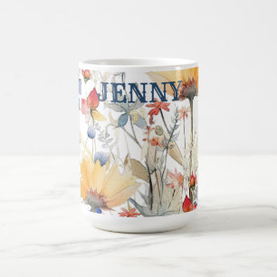 Personalized Gold Blue Boho Wildflowers Mug