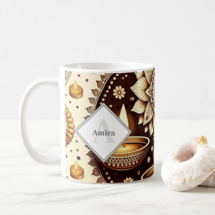 Personalized Gold & Bronze Diwali Diyas & Rangoli Coffee Mug