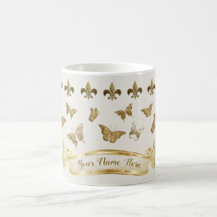 Personalized Gold Butterfly Fleur de Lis 11 oz Coffee Mug