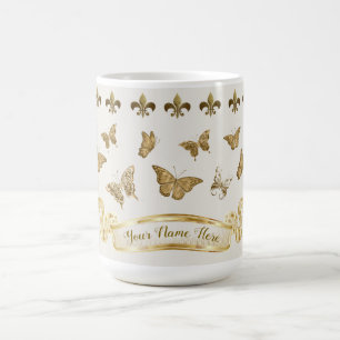 Personalized Gold Butterfly Fleur de Lis 15 oz Coffee Mug