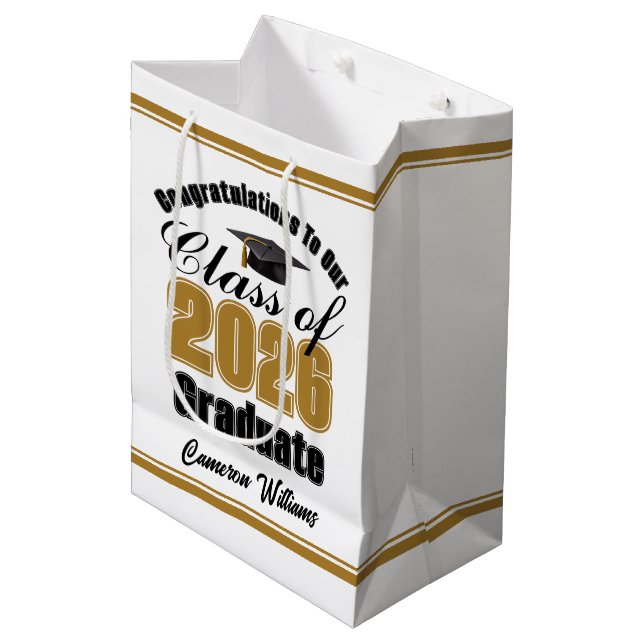 Personalized Gold Class of 2026 Graduation Medium Gift Bag (Front Angled)