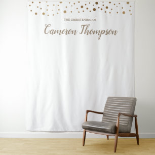 Personalized Gold Confetti Christening Backdrop Tapestry