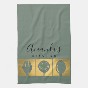 PERSONALIZED GOLD FAUX SPOON FORK SKIMMER CHEF TEA TOWEL