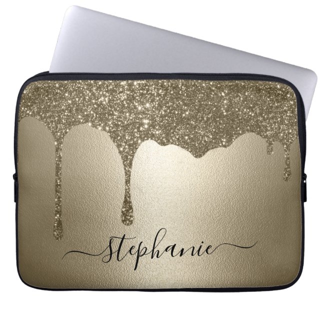 Personalized Gold Glitter Drip Laptop Sleeve (Front)