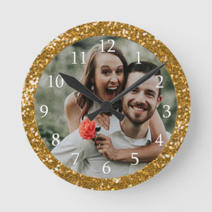 Personalized Gold Glitter Frame Photo Round Clock