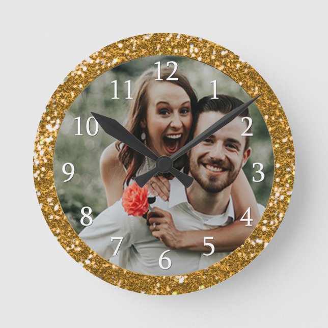 Personalized Gold Glitter Frame Photo Round Clock (Front)